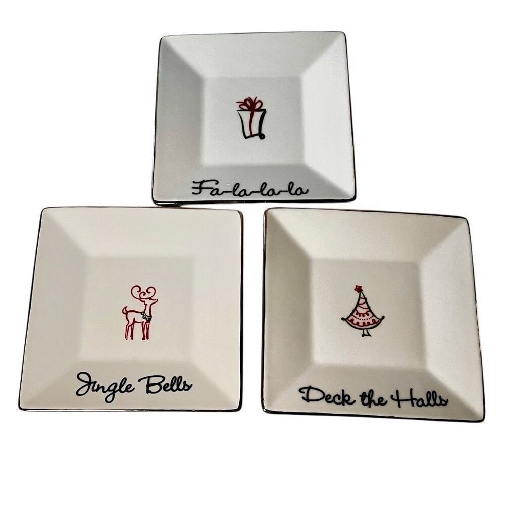 Set of 3 St. Nicholas Square Christmas Cocktail Plates Platinum Trim Tis the Sea